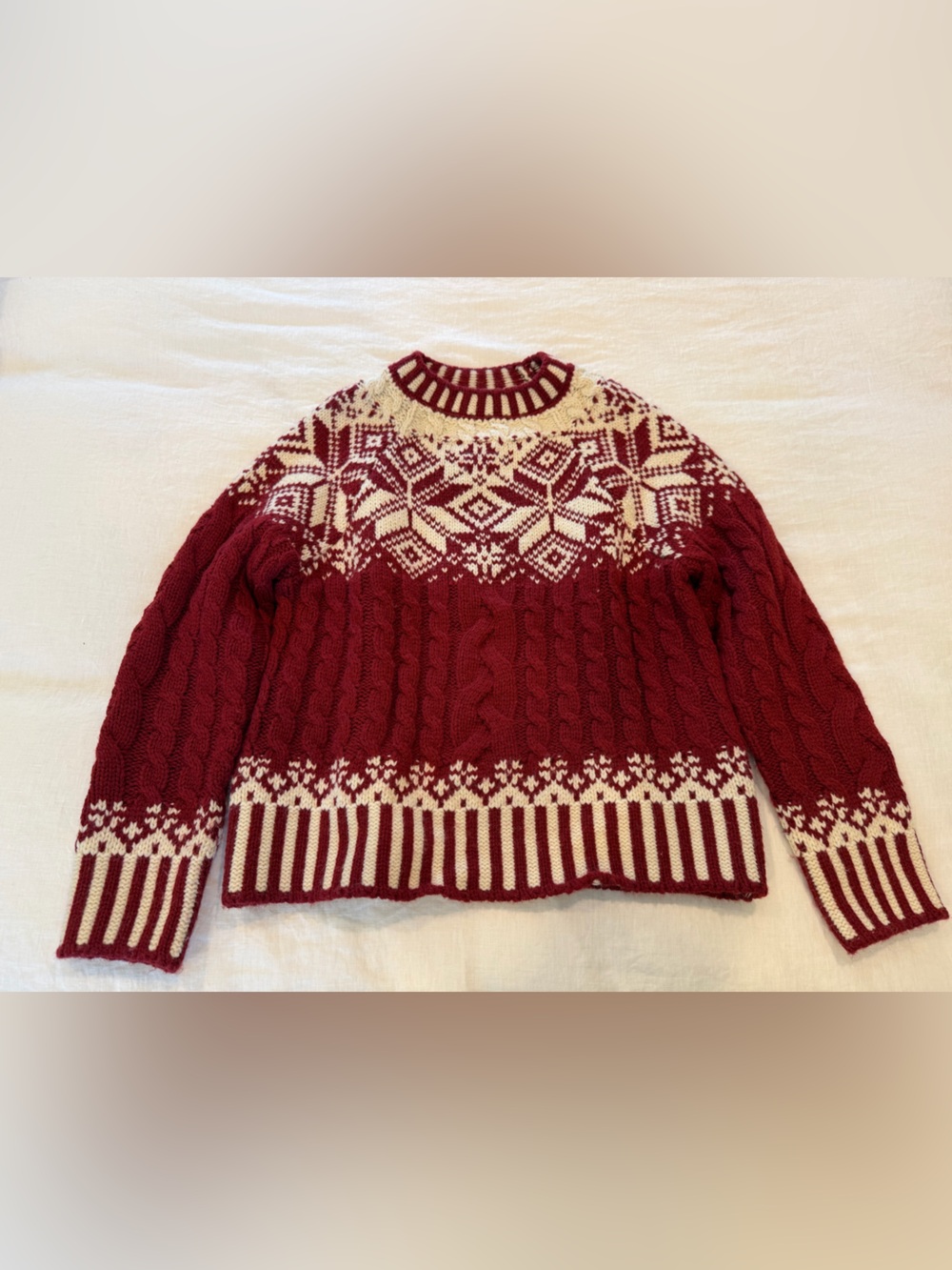 Anthropologie Cozy Red and Cream Fair Isle Cable-Knit Crew Sweater